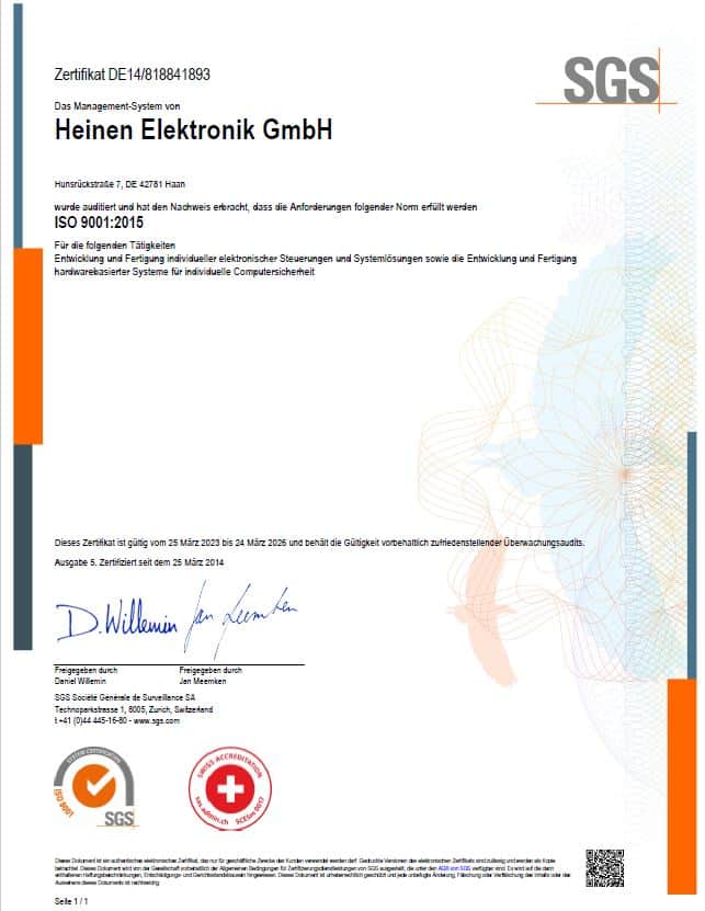 Aktuelles ISO 9001:2015 Zertifikat von HEINEN Elektronik